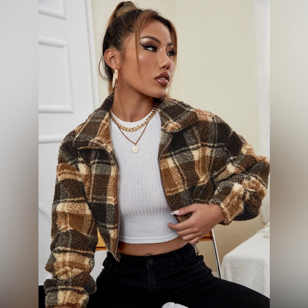 Shein plaid cropped teddy coat